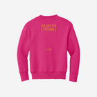Bright pink youth fleece sweatshirt featuring the iconic ['RŌ] bear design with a cape, perfect for vibrant, bold style and cozy comfort.