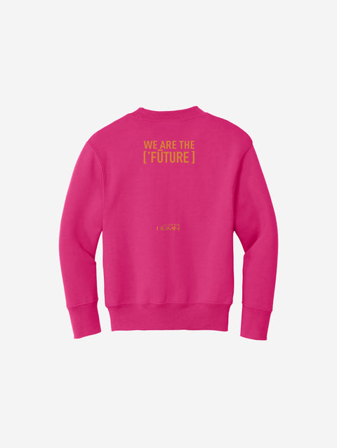 Bright pink youth fleece sweatshirt featuring the iconic ['RŌ] bear design with a cape, perfect for vibrant, bold style and cozy comfort.