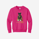 Bright pink youth fleece sweatshirt featuring the iconic ['RŌ] bear design with a cape, perfect for vibrant, bold style and cozy comfort.