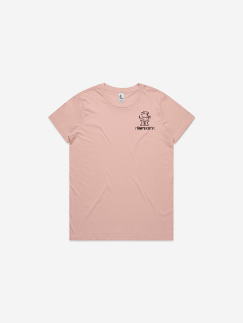 A soft pink t-shirt showcasing the 'Lil Hū' logo on the chest, perfect for a light and cheerful style.