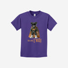 A bold purple youth t-shirt with the standout ['ro] bear graphic and "Go Like ['RO]" text, making a unique statement.