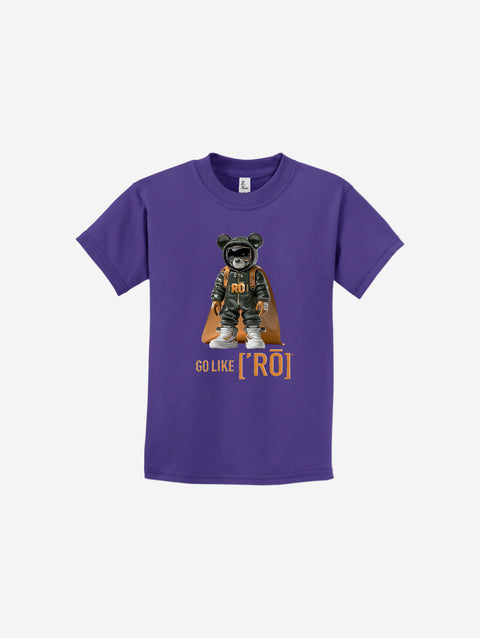 A bold purple youth t-shirt with the standout ['ro] bear graphic and "Go Like ['RO]" text, making a unique statement.