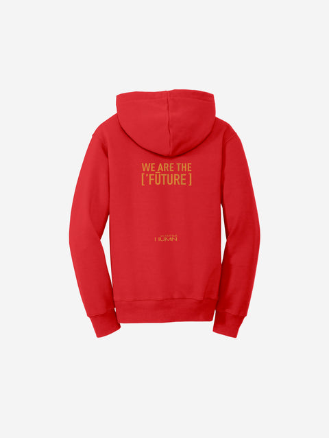 A vibrant red fleece pullover sweatshirt showcasing the ['RO] bear graphic, adding a pop of bold color to any look.