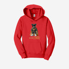 A vibrant red fleece pullover sweatshirt showcasing the ['RO] bear graphic, adding a pop of bold color to any look.