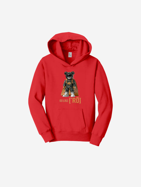 A vibrant red fleece pullover sweatshirt showcasing the ['RO] bear graphic, adding a pop of bold color to any look.