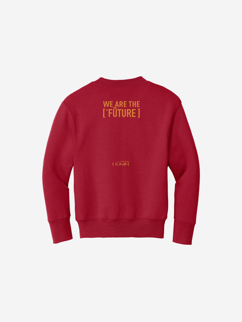 Bold red youth fleece sweatshirt showcasing the ['RŌ] bear logo, ideal for standout style and all-day comfort.