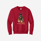 Bold red youth fleece sweatshirt showcasing the ['RŌ] bear logo, ideal for standout style and all-day comfort.