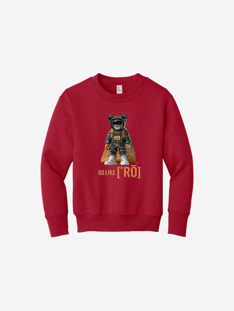 Bold red youth fleece sweatshirt showcasing the ['RŌ] bear logo, ideal for standout style and all-day comfort.