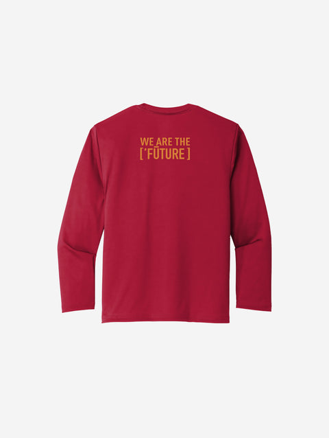 ['RŌ] Youth long sleeve performance tee in bold red, featuring the astronaut bear design. Perfect for active kids who love vibrant style and comfort.