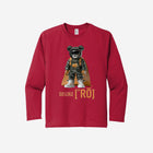 ['RŌ] Youth long sleeve performance tee in bold red, featuring the astronaut bear design. Perfect for active kids who love vibrant style and comfort.