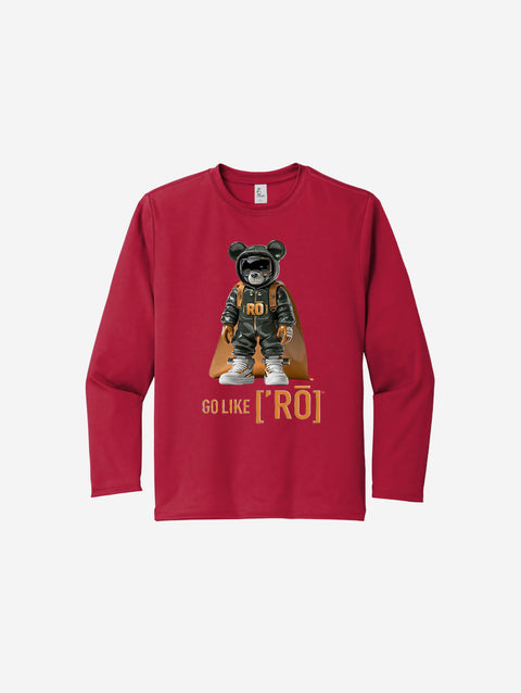 ['RŌ] Youth long sleeve performance tee in bold red, featuring the astronaut bear design. Perfect for active kids who love vibrant style and comfort.