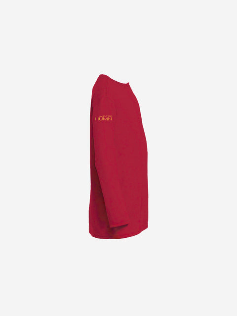 ['RŌ] Youth long sleeve performance tee in bold red, featuring the astronaut bear design. Perfect for active kids who love vibrant style and comfort.