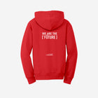 Vibrant red fleece hoodie featuring the bold ['LH] design, perfect for cozy comfort with a pop of color.
