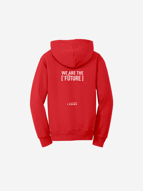 Vibrant red fleece hoodie featuring the bold ['LH] design, perfect for cozy comfort with a pop of color.