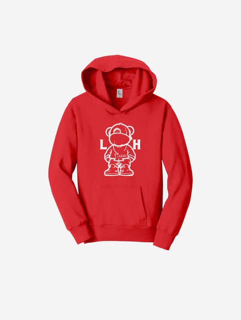 Vibrant red fleece hoodie featuring the bold ['LH] design, perfect for cozy comfort with a pop of color.