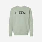 A muted sage green crewneck sweatshirt with the minimalist ['TEEN] logo in black, creating a calm and contemporary vibe.