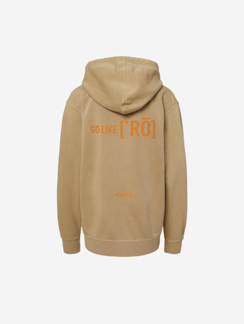 ['RŌ] Youth pigment-dyed hoodie in neutral sand tone with a bold astronaut bear design. A blend of comfort and standout style for every day.