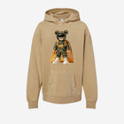 ['RŌ] Youth pigment-dyed hoodie in neutral sand tone with a bold astronaut bear design. A blend of comfort and standout style for every day.