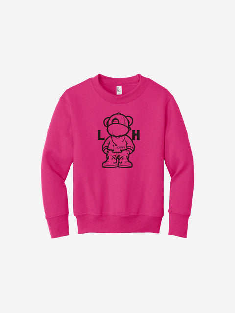 Youth fleece sweatshirt in bright pink, featuring the fun LH mascot design in black. Adds a pop of color to any outfit.