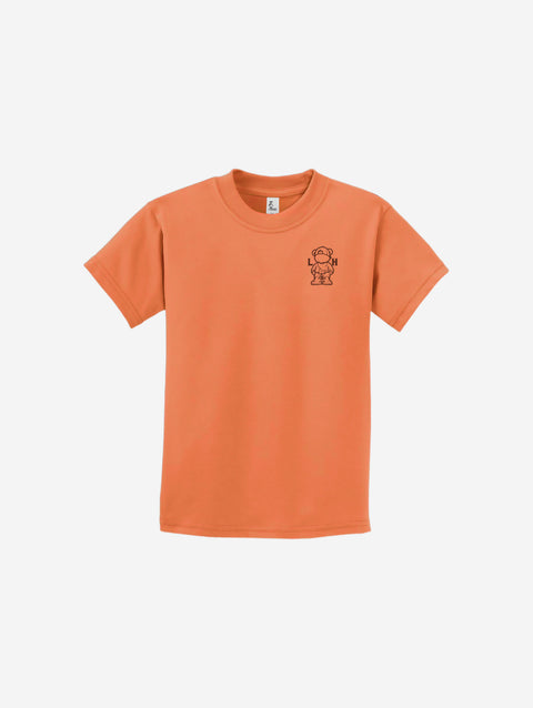 A warm sherbet orange youth essential tee with the ['LIT·TLE] HŪMN bear, blending earthy tones and comfort.