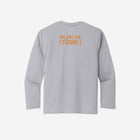 ['RŌ] Youth long sleeve performance tee in sleek silver, showcasing the iconic astronaut bear graphic. Lightweight and versatile for everyday wear.
