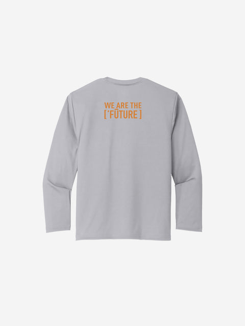 ['RŌ] Youth long sleeve performance tee in sleek silver, showcasing the iconic astronaut bear graphic. Lightweight and versatile for everyday wear.