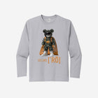 ['RŌ] Youth long sleeve performance tee in sleek silver, showcasing the iconic astronaut bear graphic. Lightweight and versatile for everyday wear.