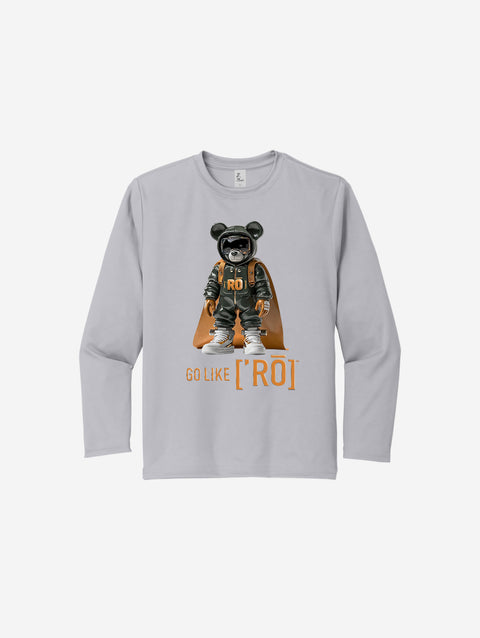 ['RŌ] Youth long sleeve performance tee in sleek silver, showcasing the iconic astronaut bear graphic. Lightweight and versatile for everyday wear.
