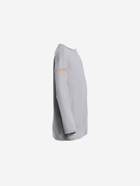 ['RŌ] Youth long sleeve performance tee in sleek silver, showcasing the iconic astronaut bear graphic. Lightweight and versatile for everyday wear.