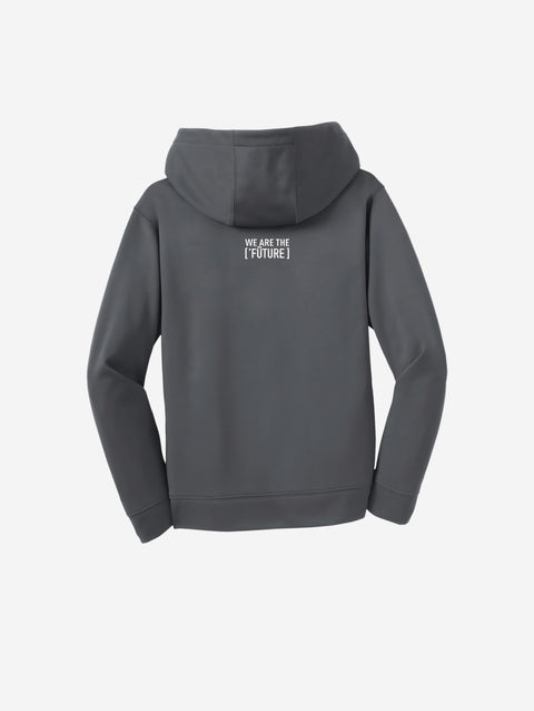 ['LIT·TLE] HŪMN fleece hooded pullover in a sleek gray shade, featuring a minimalist logo design on the chest. Perfect for cozy, everyday wear.