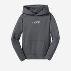 ['LIT·TLE] HŪMN fleece hooded pullover in a sleek gray shade, featuring a minimalist logo design on the chest. Perfect for cozy, everyday wear.