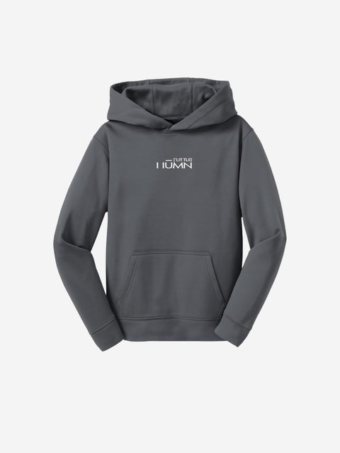 ['LIT·TLE] HŪMN fleece hooded pullover in a sleek gray shade, featuring a minimalist logo design on the chest. Perfect for cozy, everyday wear.