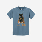 A muted blue youth t-shirt featuring the ['ro] bear graphic and "Go Like ['RO]" text for a relaxed, stylish vibe.