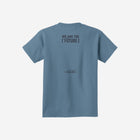 A calming stone blue youth essential tee with the ['LIT·TLE] HŪMN bear, perfect for relaxed and cool vibes.
