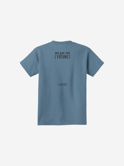 A calming stone blue youth essential tee with the ['LIT·TLE] HŪMN bear, perfect for relaxed and cool vibes.
