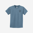 A calming stone blue youth essential tee with the ['LIT·TLE] HŪMN bear, perfect for relaxed and cool vibes.