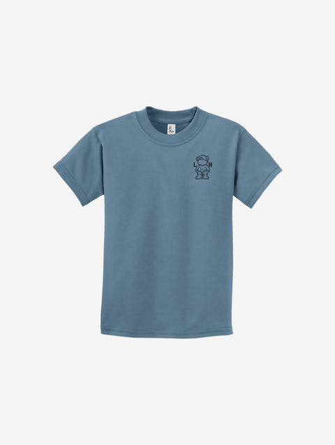 A calming stone blue youth essential tee with the ['LIT·TLE] HŪMN bear, perfect for relaxed and cool vibes.