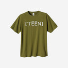 Olive green heavyweight tee displaying the bold text "[‘TEĒN]," combining trendy color with durability.
