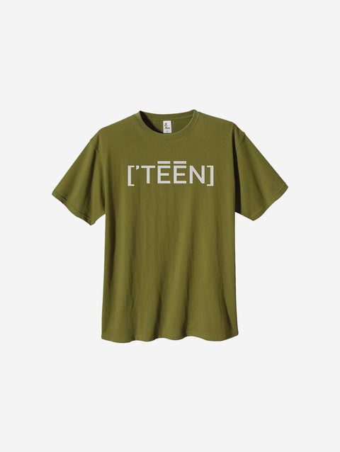 Olive green heavyweight tee displaying the bold text "[‘TEĒN]," combining trendy color with durability.