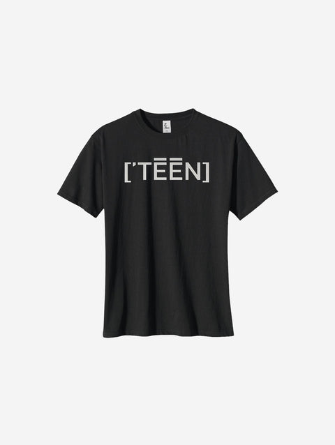 Black heavyweight tee with the text "[‘TEĒN]" in bold, perfect for a sleek and versatile teen look.