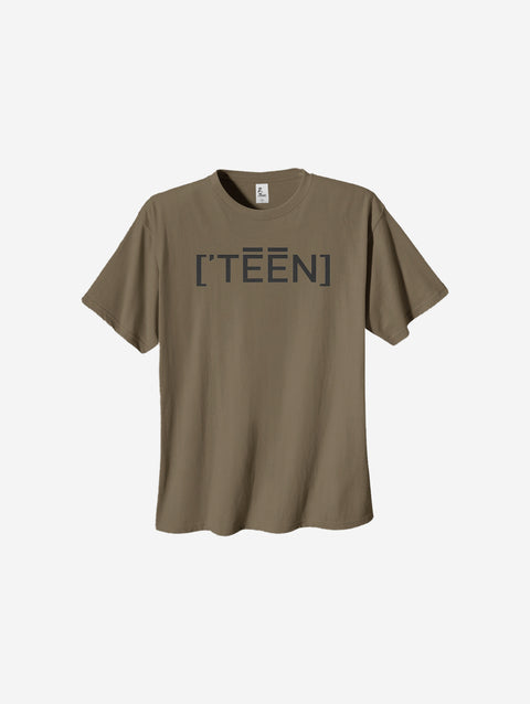 Muted brown heavyweight tee with bold "[‘TEĒN]" text, perfect for teens seeking earthy tones and lasting quality.