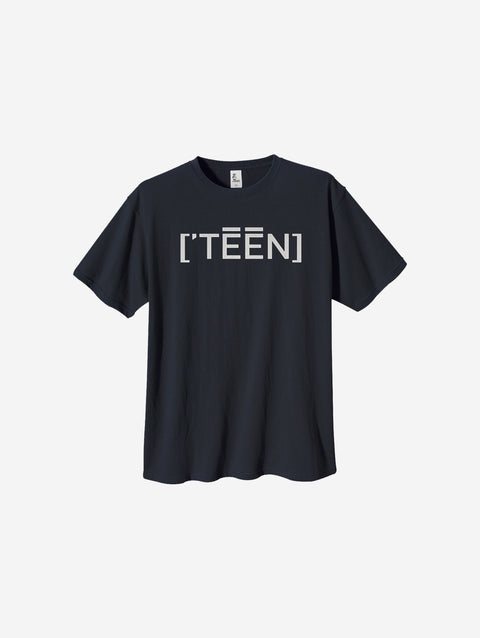 Navy blue heavyweight tee featuring the text "[‘TEĒN]" in bold, offering a stylish and durable design for teens.