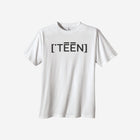 Classic white heavyweight tee featuring bold "[‘TEĒN]" text, offering a clean and timeless style for teens.