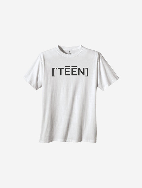 Classic white heavyweight tee featuring bold "[‘TEĒN]" text, offering a clean and timeless style for teens.