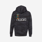 A black camouflage print hoodie with the text "[‘TEEN]" printed in bold white lettering across the chest. The design blends subtle camo tones with a sleek streetwear aesthetic.