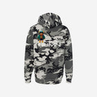 A gray and white snow camouflage print hoodie with "[‘TEEN]" printed in bold white text across the chest. This hoodie showcases a striking pattern perfect for a cool, edgy look.
