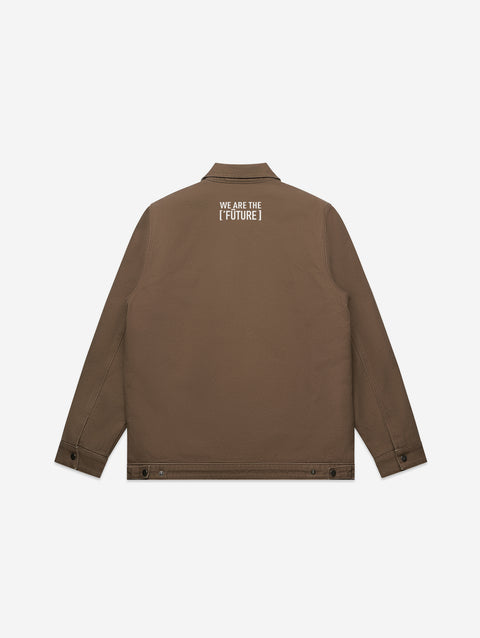 A rugged brown canvas jacket featuring the 'LIL HU' logo embroidered on the chest. Designed for durability and style, with large utility pockets and a sleek zippered front.