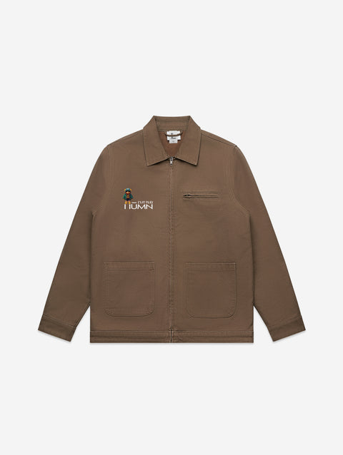 A rugged brown canvas jacket featuring the 'LIL HU' logo embroidered on the chest. Designed for durability and style, with large utility pockets and a sleek zippered front.