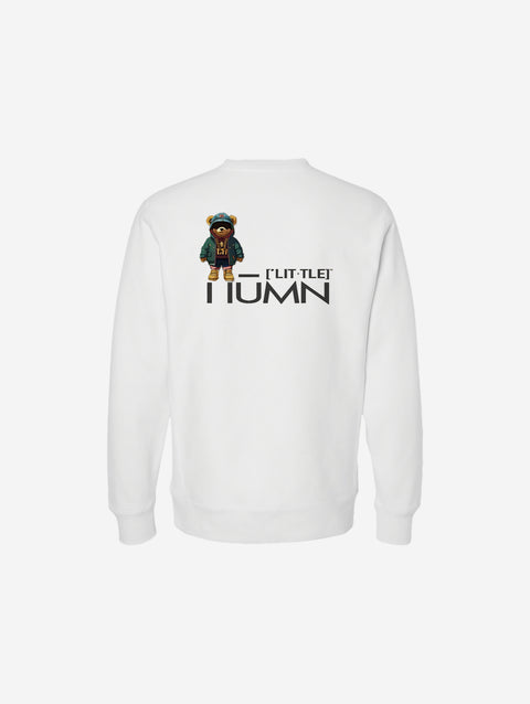 A clean white cross-grain crewneck sweatshirt showcasing the bold ['TEEN] logo in black for a fresh and modern aesthetic.