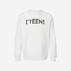 A clean white cross-grain crewneck sweatshirt showcasing the bold ['TEEN] logo in black for a fresh and modern aesthetic.